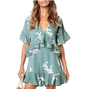 MITILLY WOMENS V NECK RUFFLE FLORAL SWING DRESS